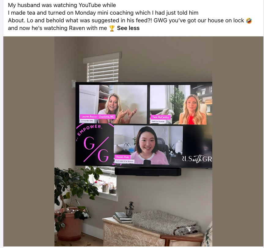 Facebook testimonial: a member shares that her husband ended up watching Raven's AI coaching session after it was suggested in his feed.