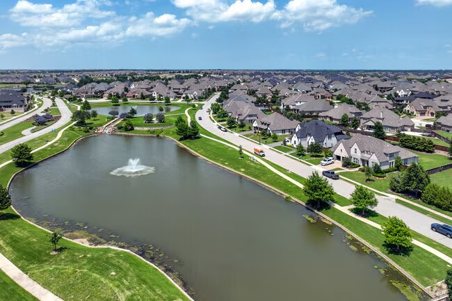 Aerial view of Mustang Lakes community showing Crystal Lagoon